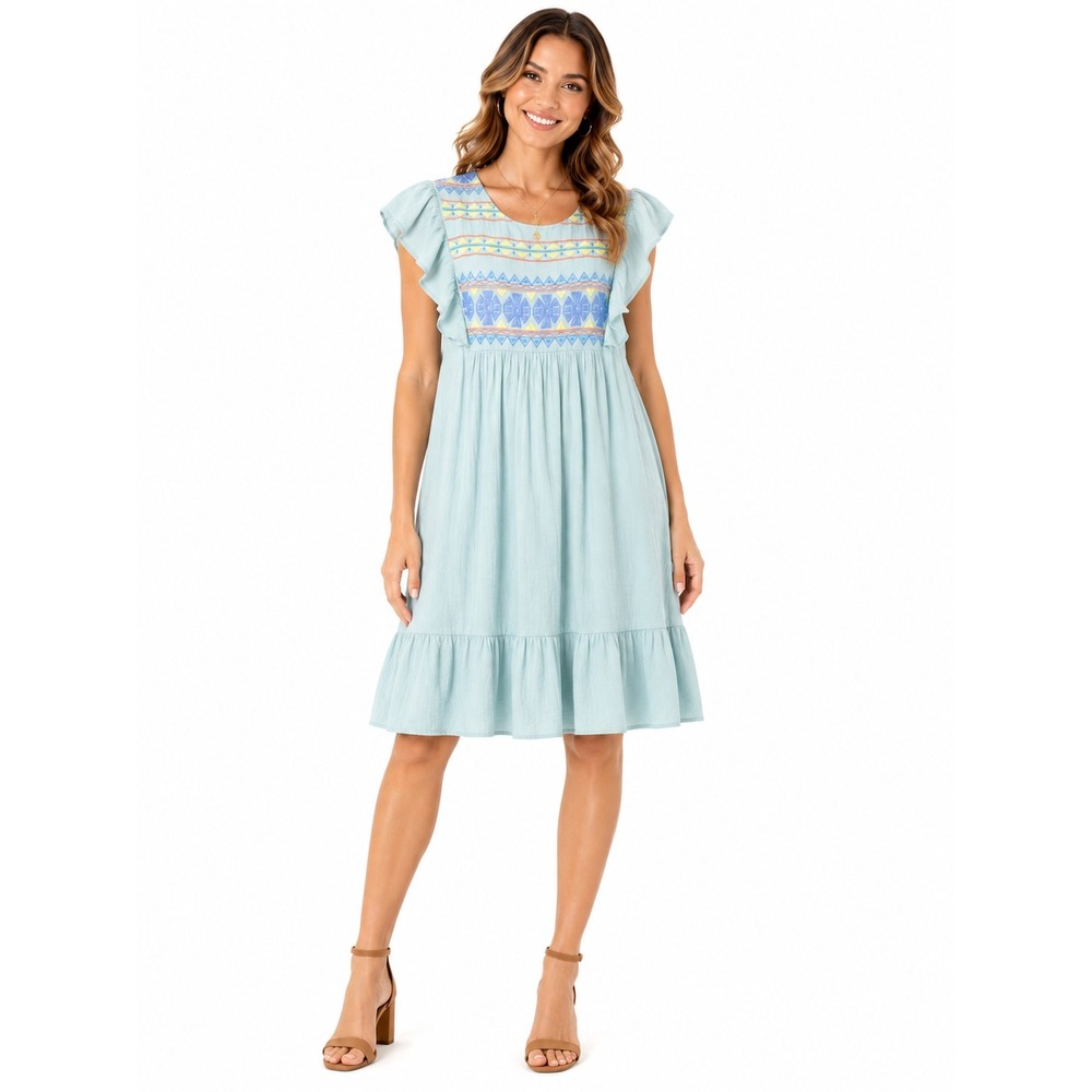 Blu Pepper Embroidered Boho Mini Dress Blue Ruffle Sleeve Medium